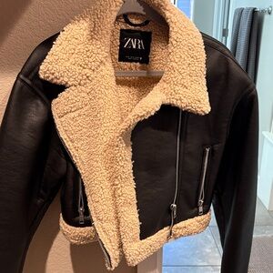 Zara Women's Black Leather Jacket with Cream Lining